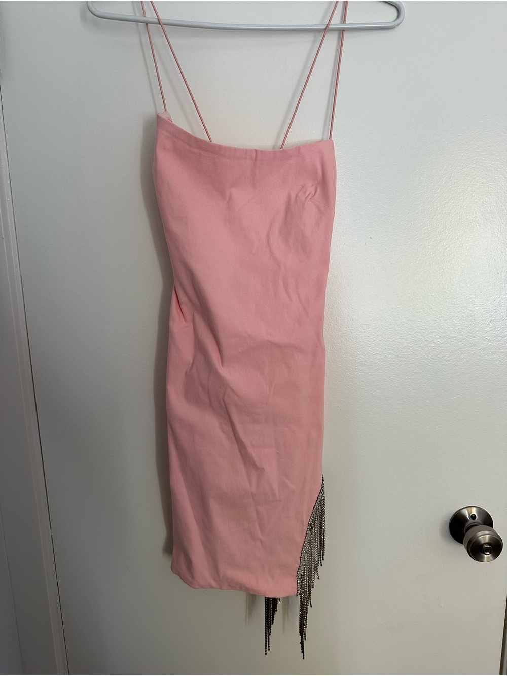 Fashion Nova Pink Spaghetti Strap Midi Skirt with Silver Fringe